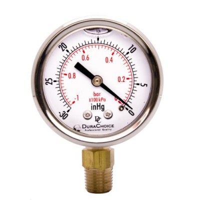 2" Oil Filled Vacuum Pressure Gauge - SS/Br 1/4" NPT Lower Mount, 30HG/0PSI